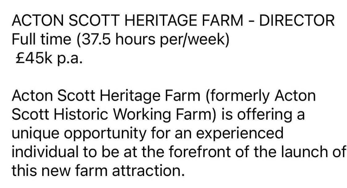 Acton Scott Heritage Farm (@asheritagefarm) on Twitter photo We are taking the next significant step in our journey and advertising the very important role of Farm Director! Please share with your networks and help us find the right person.
For full details of the job description and a copy of the application form: farm@actonscott.com We are taking the next significant step in our journey and advertising the very important role of Farm Director! Please share with your networks and help us find the right person.
For full details of the job description and a copy of the application form: farm@actonscott.com