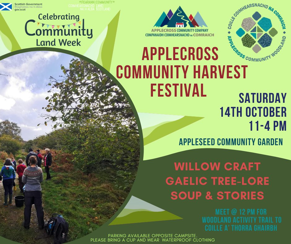 ApplecrossACC's tweet photo. Applecross Community Harvest Festival is this Saturday 14th October
11-4pm @ Appleseed Community Garden
Join Lesley Kilbride's craft workshop @ 12.30pm to make a Willow Platter
#CommunityLandWeek https://t.co/mMrpNV7Gax
