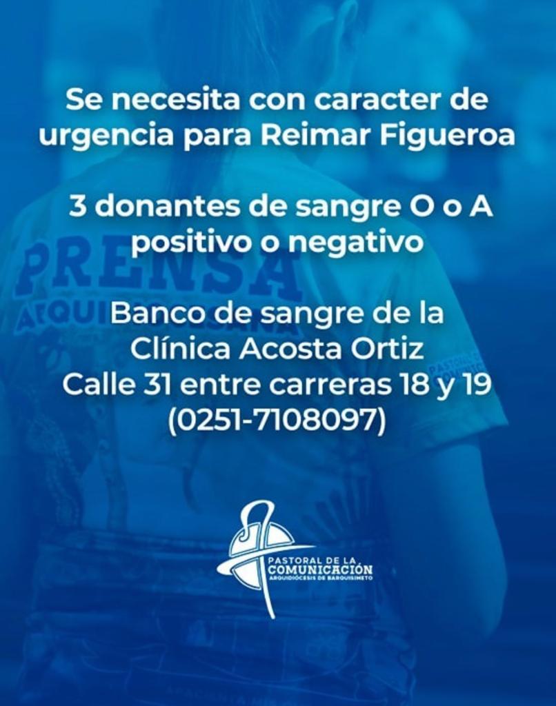 LizGascon's tweet photo. #ServicioPúblico Reimar, hermana de la periodista @YelitzaFigueroa, necesita 3 donantes de sangre O o A positivos o negativo. Donantes pueden acudir al Banco de Sangre de la Clínica Acosta Ortíz de Barquisimeto (calle 31 entre carreras 18 y 19). Contacto: 02517108097 https://t.co/h6rI39CxYP