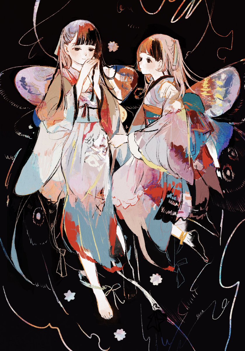 multiple girls 2girls japanese clothes kimono long hair wings barefoot  illustration images