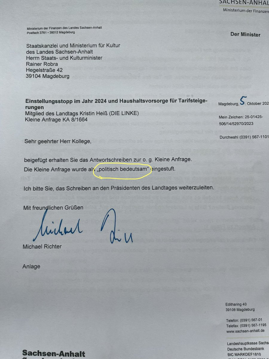 Oh oh. Erste Eskalationsstufe erreicht 🤭
Die KA zum Einstellungsstopp ist „politisch bedeutsam“. Wer hätt’s gedacht?
Hab mal nachgefragt: Wer drei Kleine Anfragen mit politischer Bedeutsamkeit stellt, muss eine Woche in Einzelhaft im Keller der Staatskanzlei. Obacht! ☝🏻
#ltlsa