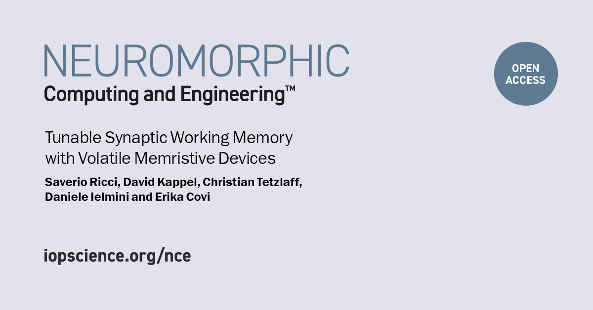 Neuromorphic Computing and Engineering (@iopneuromorphic) on Twitter photo Part of ow.ly/CoNS50PVuhZ, this article from <a href="/NanoDeviceLab/">NEDL - NanoElectronic Device Lab</a>, <a href="/ruhrunibochum/">Ruhr-Universität Bochum</a>, <a href="/uniGoettingen/">Uni Göttingen</a> and <a href="/CoviErika/">Erika Covi</a> presents a demonstration of working memory using an adaptive and electrically-tunable silver-based memristive device.
Read if for free at iopscience.iop.org/article/10.108… 🔓 Part of ow.ly/CoNS50PVuhZ, this article from <a href="/NanoDeviceLab/">NEDL - NanoElectronic Device Lab</a>, <a href="/ruhrunibochum/">Ruhr-Universität Bochum</a>, <a href="/uniGoettingen/">Uni Göttingen</a> and <a href="/CoviErika/">Erika Covi</a> presents a demonstration of working memory using an adaptive and electrically-tunable silver-based memristive device.
Read if for free at iopscience.iop.org/article/10.108… 🔓