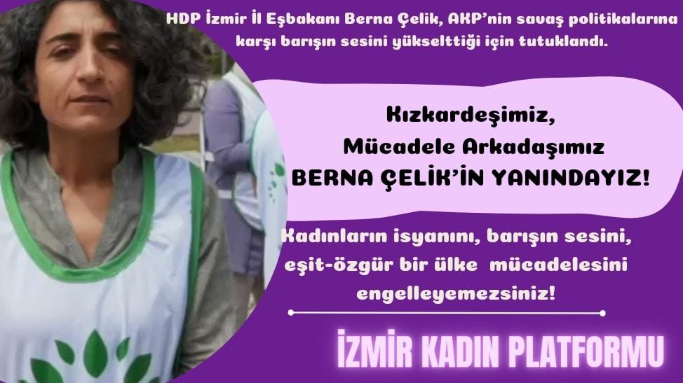 izmir_kadinP's tweet photo. Başta mücadele arkadaşımız olan Berna Çelik olmak üzere kadınların, gençlerin, Kürt halkının siyaset yapma hakkına yönelik bu hukuksuz tutuklamaları kabul etmiyoruz. 
Ne makbul kadın olacak, ne de baskıcı rejiminize g��z yumacağız. Tutukluları derhal serbest bırakın. https://t.co/i3jzniv63N