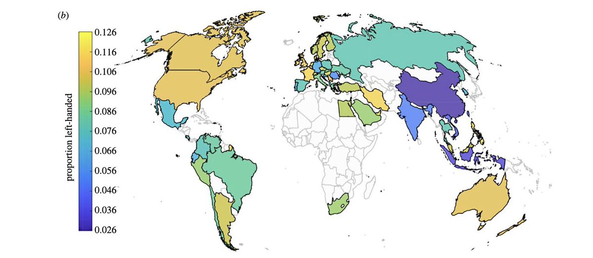 🚨 Latest @seaheroquest publication out today in Proceedings of the Royal Society B: No link between handedness and spatial navigation: evidence from over 400 000participants in 41 countries royalsocietypublishing.org/doi/epdf/10.... Map of ratio of left to right handers across nations: