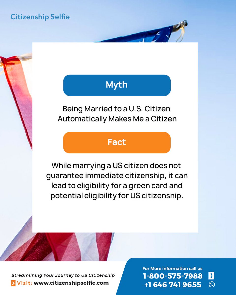 Citizenshipsel's tweet photo. Let's set the record straight! There's a common misconception that tying the knot with a U.S. citizen automatically grants you citizenship. However, the truth is more subtle.

While marriage to a U.S. citizen is a crucial step in your immigration journey, https://t.co/njiug8rags