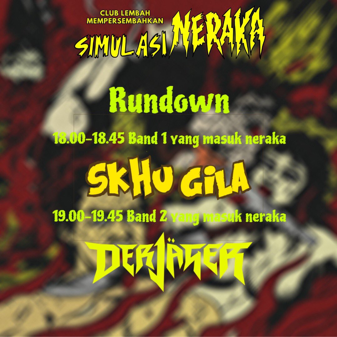 PDF (@prodvokatif) on Twitter photo Jogja sumuk!
Dan yang dilakukan kolega kolektif Club Lembah ini beneran mashook!
SIMULASI NERAKA
bersama SKHU Gila & <a href="/derjagerkill/">Der Jäger</a> di studio <a href="/sicma_uny/">UKM Musik Sicma UNY</a> pada:
12 Oktober 2023, mulai bakdha Maghrib - bakdha Isya’.
Segera pesan tempat dengan scan QR di gambar, karena terbatas. Jogja sumuk!
Dan yang dilakukan kolega kolektif Club Lembah ini beneran mashook!
SIMULASI NERAKA
bersama SKHU Gila & <a href="/derjagerkill/">Der Jäger</a> di studio <a href="/sicma_uny/">UKM Musik Sicma UNY</a> pada:
12 Oktober 2023, mulai bakdha Maghrib - bakdha Isya’.
Segera pesan tempat dengan scan QR di gambar, karena terbatas.