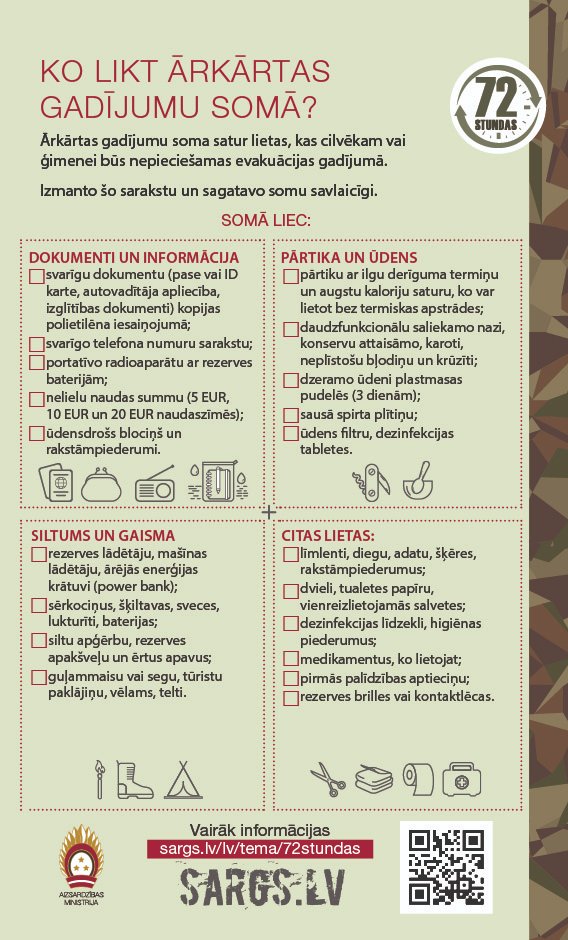 💡Jaunā Valsts aizsardzības koncepcija uzsver iedzīvotāju individuālo iesaisti, lai pasargātu sevi, ģimeni, kopienu un valsti. 
📌72h soma ir neaizvietojama, lai krīzes situācijā spētu darboties pirmās 3 diennaktis bez valsts un pašvaldību atbalsta. 
👇Uzzini, ko likt 72h somā!