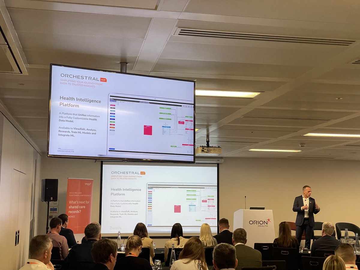 .⁦<a href="/OrionHealthEMEA/">Orion Health EMEA</a> UK&amp;I Customer Conference #OHCC⁩ Kevin Ross introduces ⁦<a href="/OrionHealth/">Orion Health</a>⁩’s new Orchestral Health Intelligence Platform. Built on the <a href="/HealthPrecision/">Precision Health School</a> partnership &amp; 100+ collaborations it will unlock the power of #data #AI &amp; enhance #healthcare services
