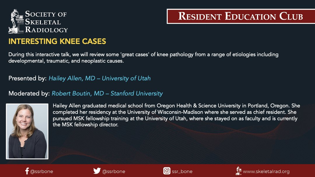 It's all about the knee in this month's REC! 🗓Exactly 1 week away!! ✅Register today!!!👇 skeletalrad.org/resident-educa… @mskutah @stanfordmskrad @KurraChandana @VivekKaliaMD @SoteriosGyft @cychang1414 @ssr_rwg @MSKMarSol #MSKrad #radres