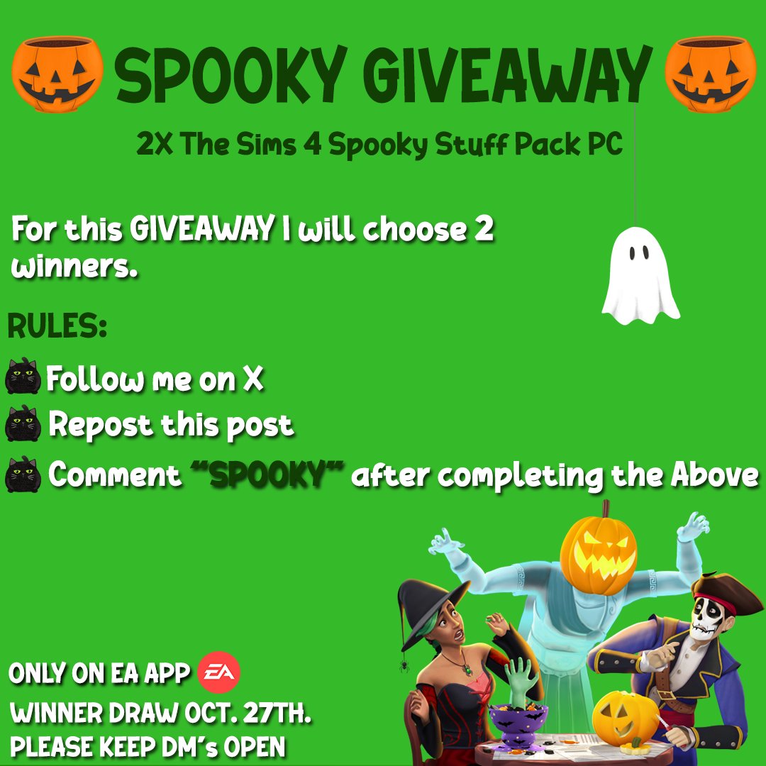 🎃SPOOKY GIVEAWAY HAS ARRIVED🎃 In this giveaway I will draw two winners, each will receive a license on EA app with The Sims 4: Spooky Stuff Pack. ☺️ Good luck to all participants! 🤩 🔴Those who have accounts only with participation in contests will not be taken into account.…