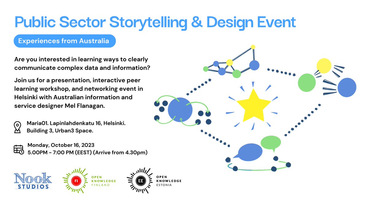 Excited to be running a storytelling and design workshop in Helsinski Monday 16 Oct with <a href="/OKFN/">Open Knowledge Foundation (@okfn@fosstodon.org)</a> in Finland and Estonia. Tickets are free: 
 pretix.eu/okfi/public-de…
<a href="/opengovpart/">Open Gov Partnership</a> #opengov #contentstrategy #ContentDesign #opendata #openprocess