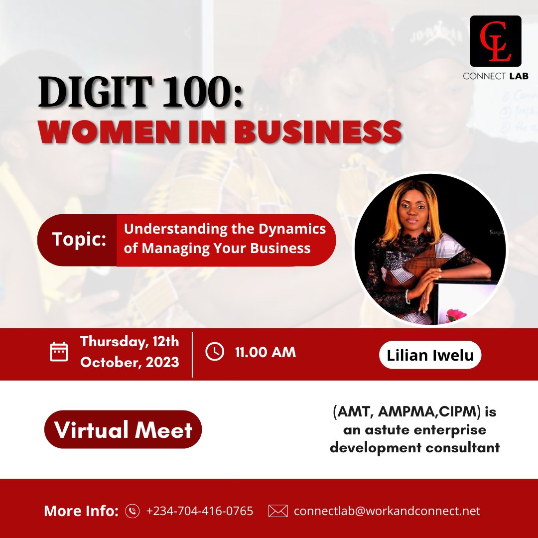 Connectlab_Afr's tweet photo. โจYou're Invited! ๐
Join us for an empowering virtual session at DIGIT 100: Women in Business! ๐ with @lilianiwelu
๐๏ธ Thursday, 12th October 2023
๐ 11:00 am (Virtual Event)
๐ Connect from Anywhere!
#ConnectLabAfrica #Digit100 #womeninbusiness #EmpowermentJourney #women https://t.co/CNUVHm8vks