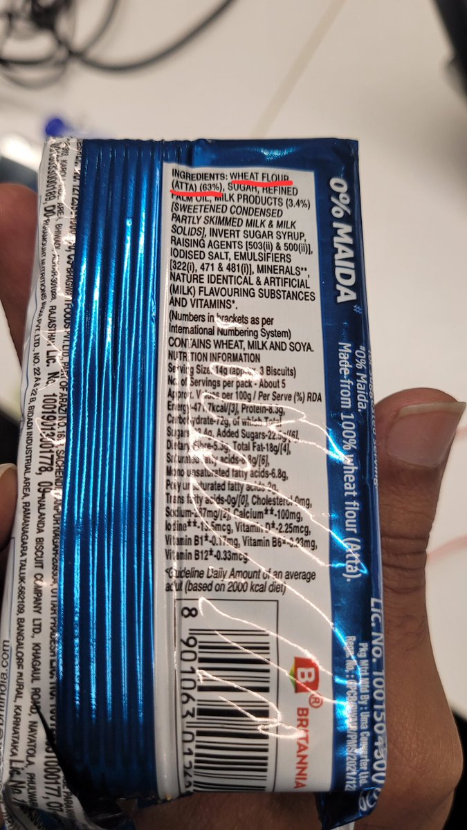 @foodpharmer2 the packet says 100% Atta and has only 63% of wheat flour used, no mention of 37% remaining. This is how they're fooling us. Then they have sugar and PALM OIL. We must start hashtag to trend #banpalmoil 

@MoHFW_INDIA @fssaiindia please take a note of this.