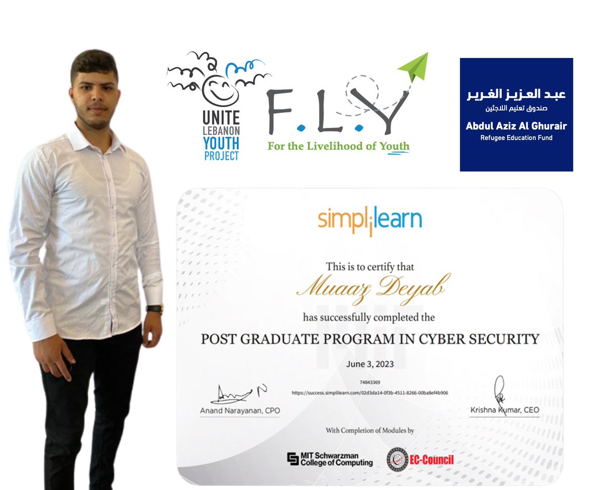 ULYP's tweet photo. "When there's a will, there's a way" applies perfectly to Muaaz, who had to suspend his education due to his commitments. However, he did not give up and obtained his diploma. #Education #hope #UniteLebanonYouth #refugeeeducation #AGFE #AbdulAziz_AlGhurair_Refugee_Education_Fund https://t.co/j2fKr8Bh3K