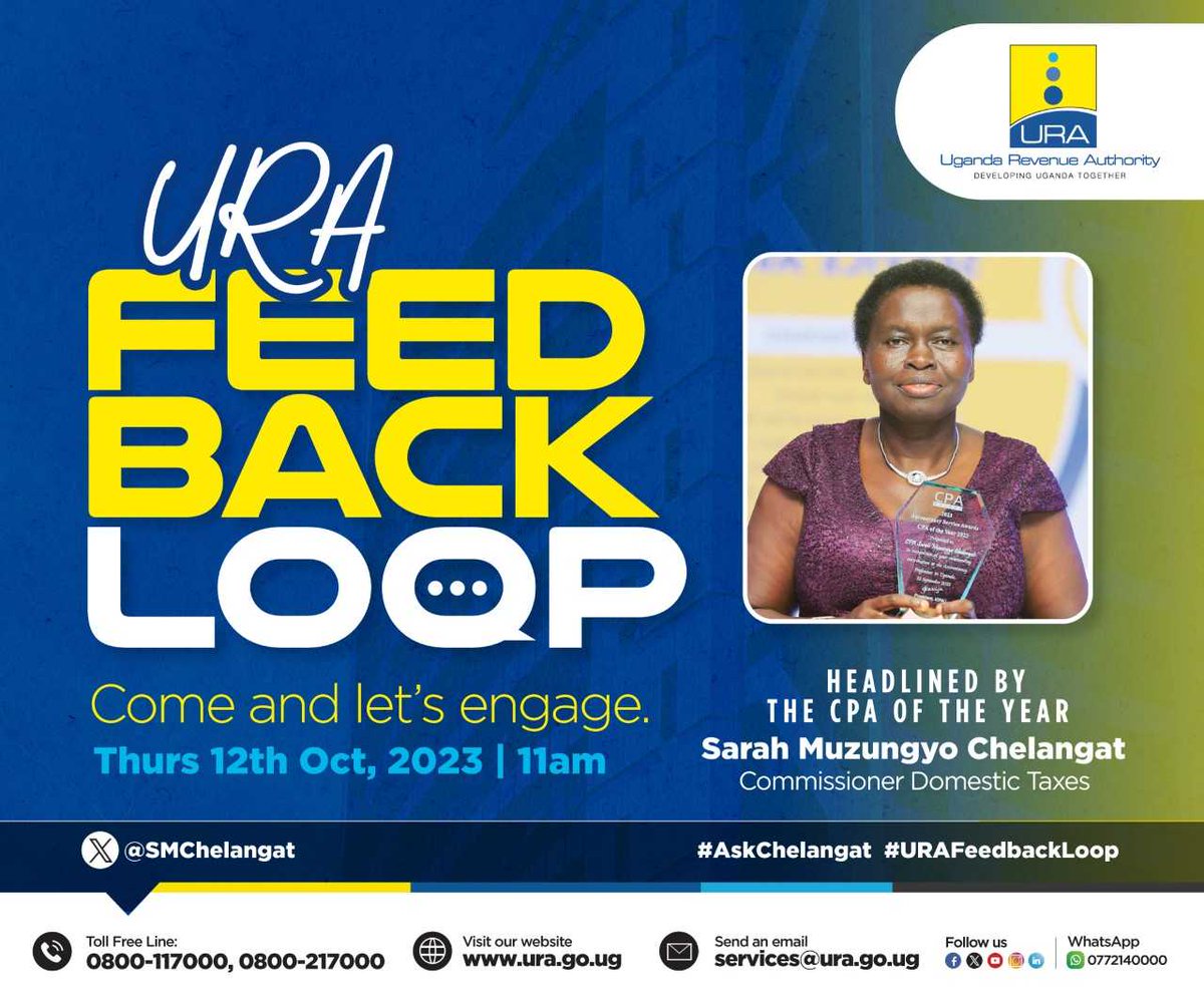 Do you have any tax-related questions or concerns? Please feel free to join me for a chat tomorrow.
#AskChelangat 
#URAFeedbackLoop 
#URATickTock