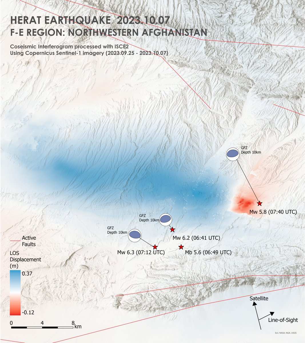 Herat Earthquake, Afghanistan: Examining the impact using #InSAR technique using the ground motion along the satellite's line-of-sight (LOS). The map product is derived using #sentinel1 on ascending pass captured on Sept 25 and Oct 07, 2023.
#ESA #Earthquake #EOChat @CopernicusEU