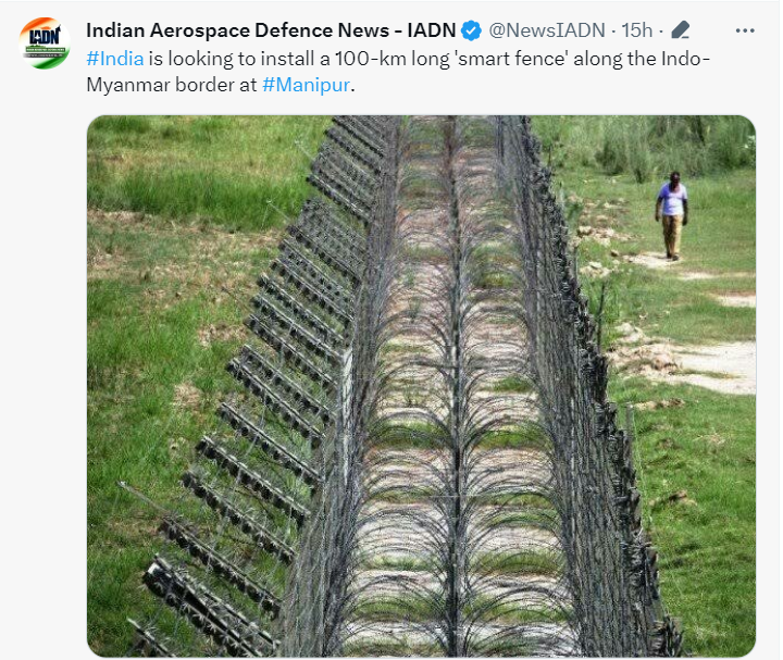 The Indian govt is preparing to install "smart fence" stretching 100 kilometers along the Indo-Myanmar border to effectively curb unlawful migration by migrant workers. <a href="/AmitShah/">Amit Shah</a> <a href="/PMOIndia/">PMO India</a> <a href="/NewsIADN/">News IADN</a> #Manipur #India #SaveMeiteisfromKukiTerrorist #SaveMeiteiSaveManipur
