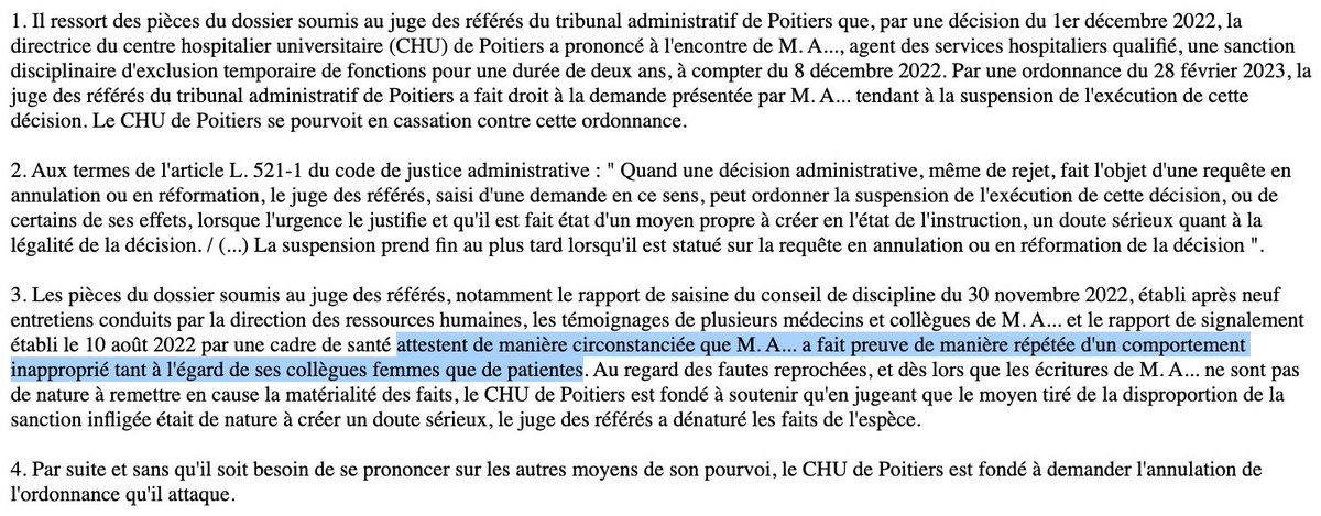 Violences sexistes & sexuelles : Le @Conseil_Etat infirme la suspension d'une sanction d'exclusion temporaire de 2 ans visant un médecin. Car assez d'éléments attestent de son 'comportement inapproprié' envers ses collègues femmes & des patientes. => bit.ly/3PSzHdV