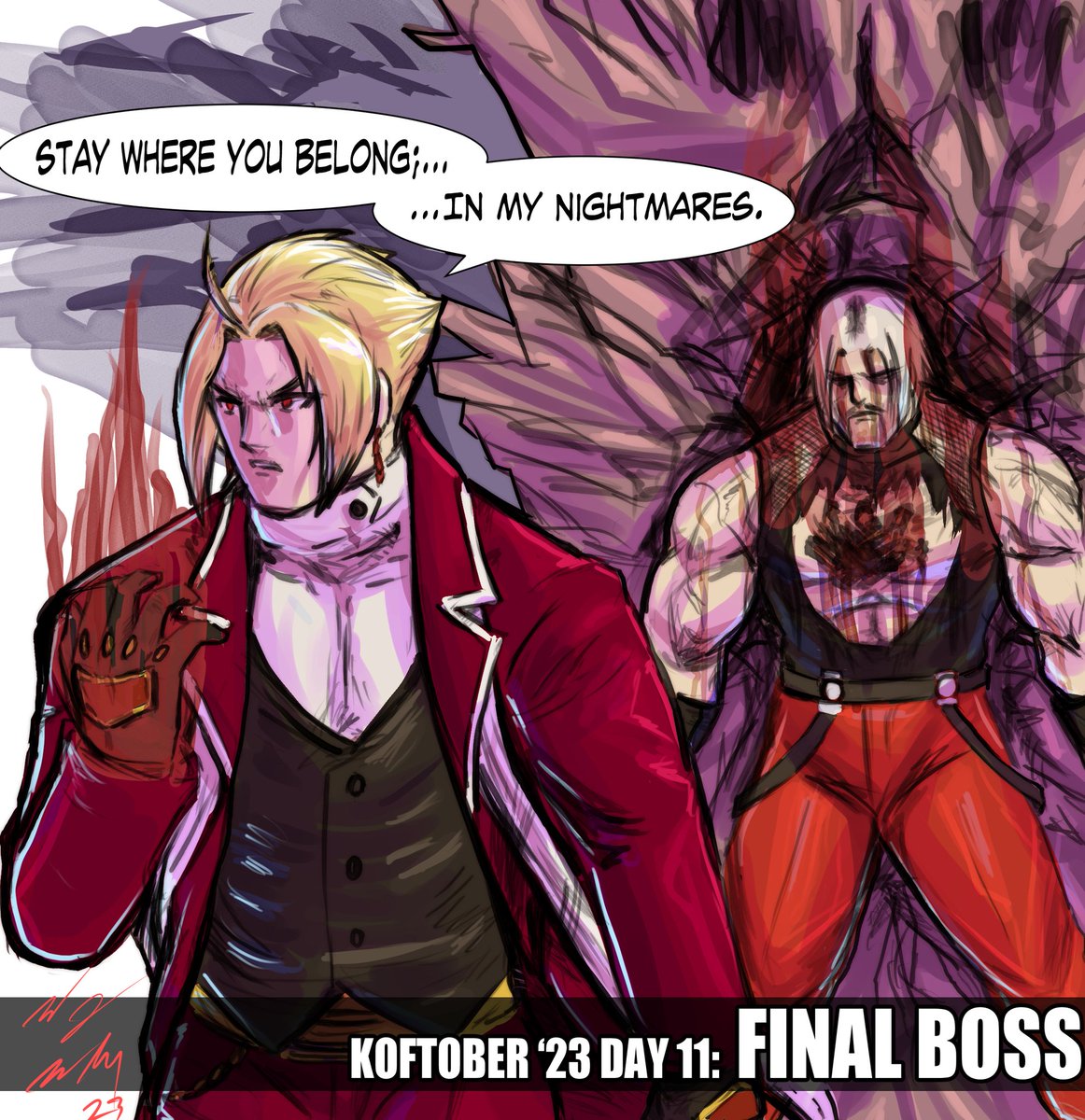 KOFTOBER '23 DAY11:
Final Boss
In KOF 03, if you defeat Kusanagi using a normal move, you will face Adelheid as the final boss. I based this on his Days of Memories 3 outfit 
#KOFtober #kof15 #kofxv #rugalbernstein #rugal #Adelheid