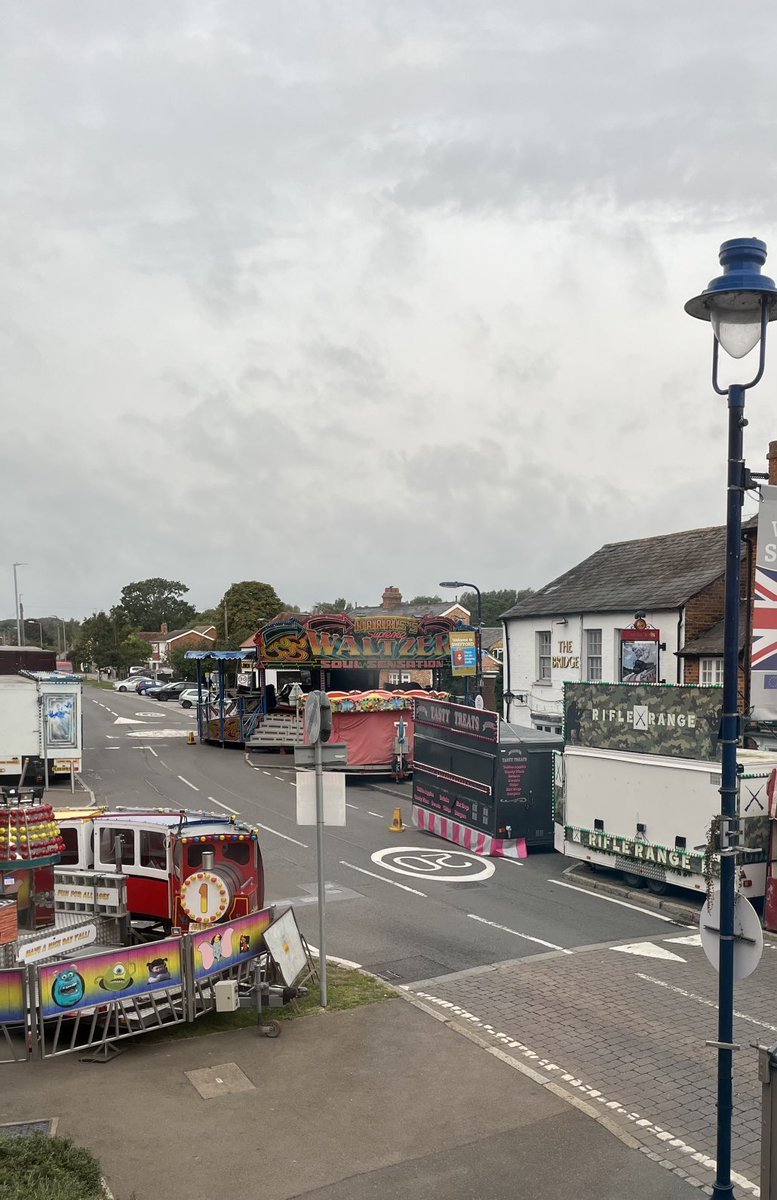 Orcinus68's tweet photo. The view outside our window this morning. The annual Charter Fair has come to town. Held for one day only since the 1300’s. Always on 11th. It’s going to get noisy later &amp; the boy is already hiding behind the sofa 🙀 #charterfair https://t.co/5QReWQkkXC