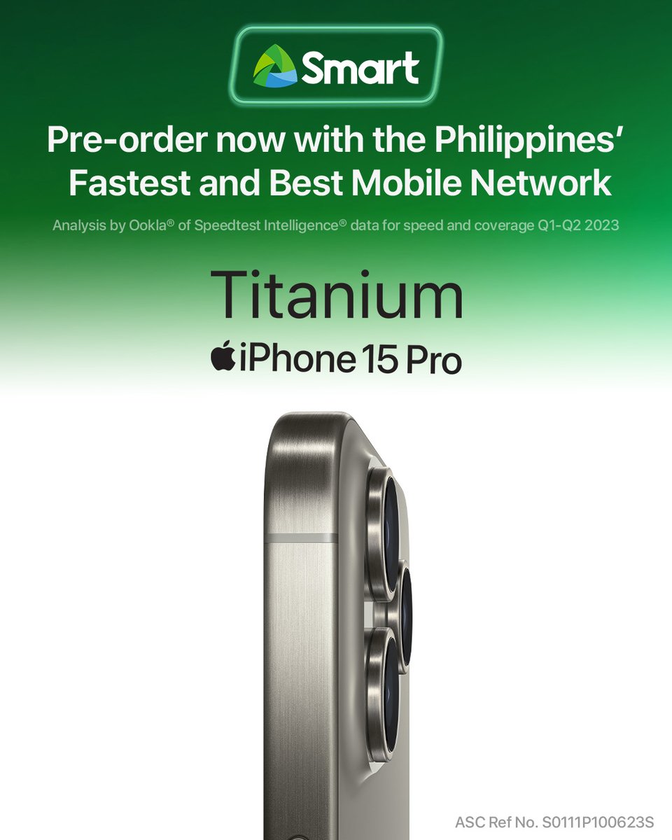 LiveSmart's tweet photo. The new iPhone 15 Pro is now available for pre-order. 
Experience an upgrade from every angle. Get it with our Device Plan 1999. Visit any Smart store or https://t.co/ZjNMVigHNC to know more! 

The iPhone 15 Pro will be available on Smart starting Friday, October 20, 12:01 AM. https://t.co/f2LoQt5Fyr