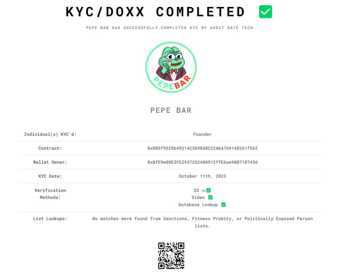 Audit Rate Tech complete KYC verification Pepe Bar(pepebar). You can find it in our Telegram group t.me/auditratetech/.
<a href="/PepeBarETH/">Pepe Bar</a>