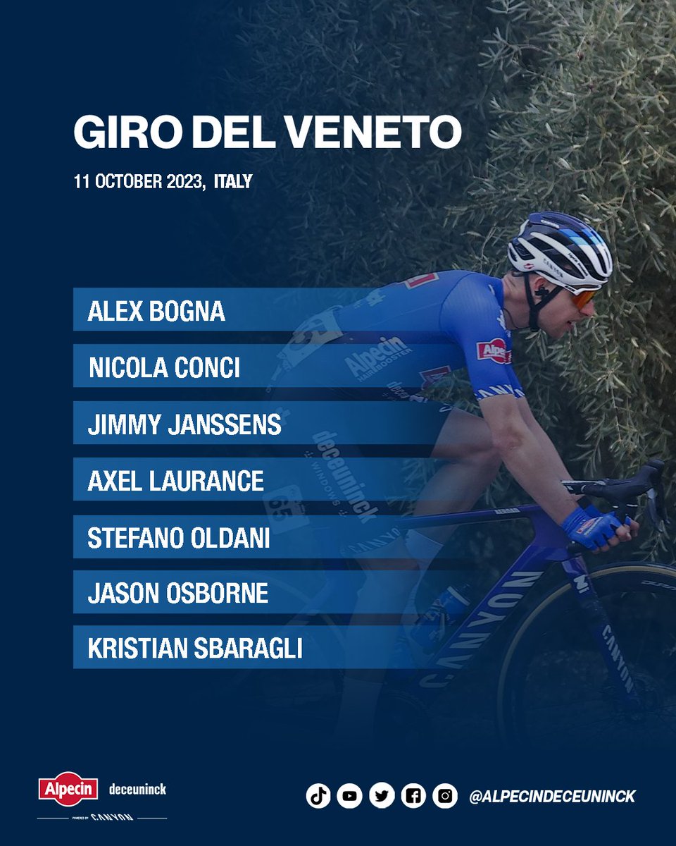 Our lineup for @GirodelVeneto today. Start 12:45 in Tombolo 🇮🇹 Good luck, guys! #Alpecindeceuninck