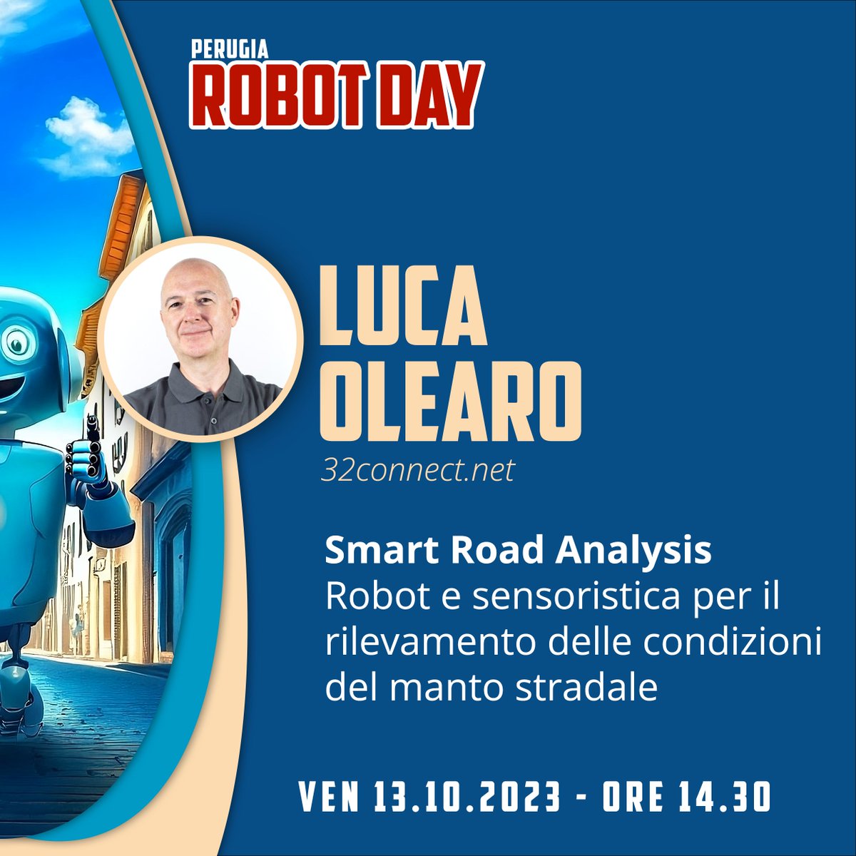 🤖 Il conto alla rovescia è iniziato per il #RobotDay! 
Venerdì 13 ottobre, dalle 14:30, esploreremo le tecnologie per il monitoraggio del manto stradale. Con Luca Olearo di <a href="/TeamDevTech/">TeamDev</a>. 

Segui la diretta su YouTube: youtube.com/@fiwareinnovai…  #smartroad #smartcity #digitaltwin