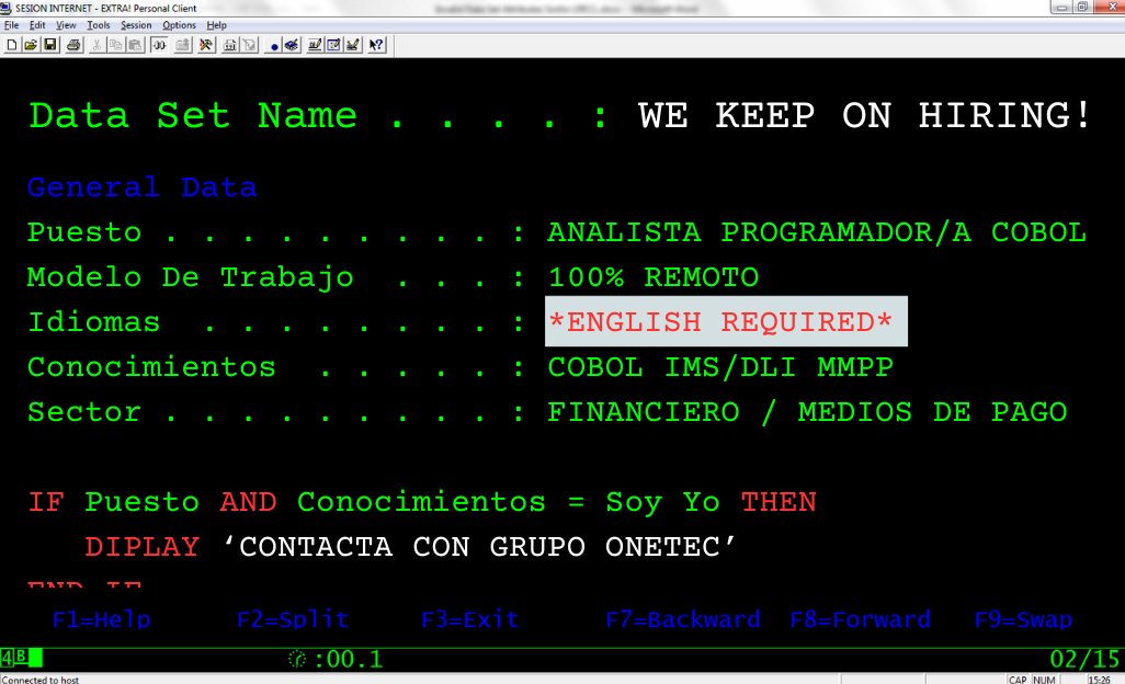 𝙳𝙸𝚂𝙿𝙻𝙰𝚈 . . . . . . . . : '𝙽𝚞𝚎𝚟𝚊 𝚘𝚏𝚎𝚛𝚝𝚊'
𝙸𝙵 𝚒𝚗𝚝𝚎𝚛𝚎𝚜𝚝𝚎𝚍 𝚃𝙷𝙴𝙽 𝚌𝚘𝚗𝚝𝚊𝚌𝚝 Sandra Estepa 𝙰𝙽𝙳 Berta Gozalbo
𝙾𝚁 𝚌𝚕𝚒𝚌𝚔 𝚑𝚎𝚛𝚎 lc.cx/QKnmEv

#Cobol #legacy #hiring #empleoIT #remoto #grupoonetec