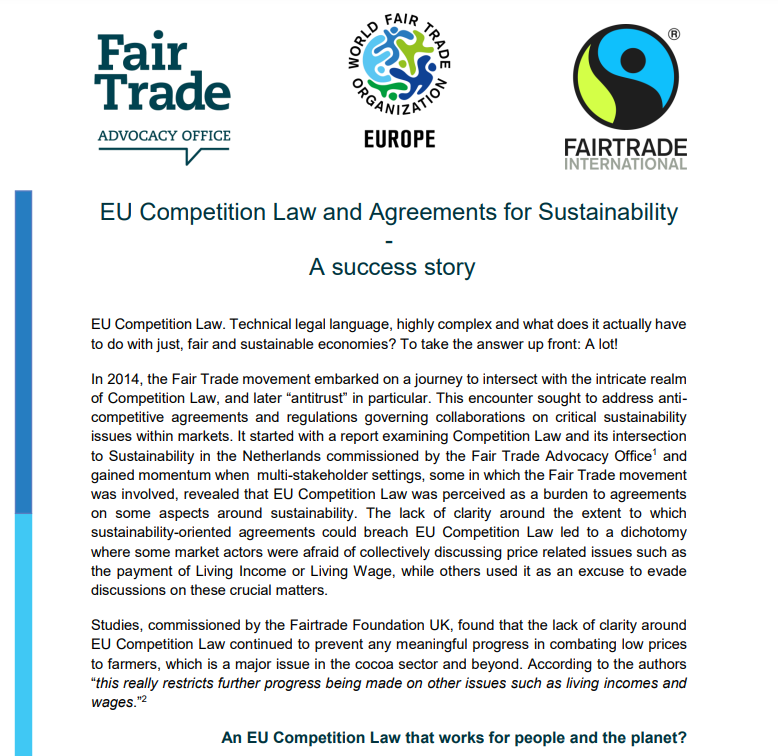 EU Competition Law, #FairTrade, and agreements for sustainability - a success story! Read more about our journey through #CompetitionLaw and what it has to do with just, fair and more sustainable economies👉 fairtrade-advocacy.org/wp-content/upl…