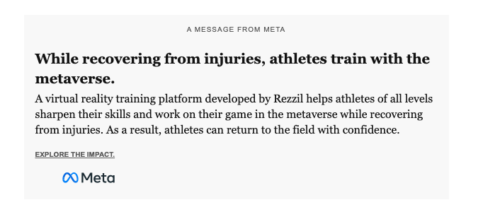 Banners de <a href="/Meta/">Meta</a> en la newsletter <a href="/WSJ/">The Wall Street Journal</a> que no parecen #anuncios. Aplauso a la solemnidad del antetítulo: Un mensaje de meta.