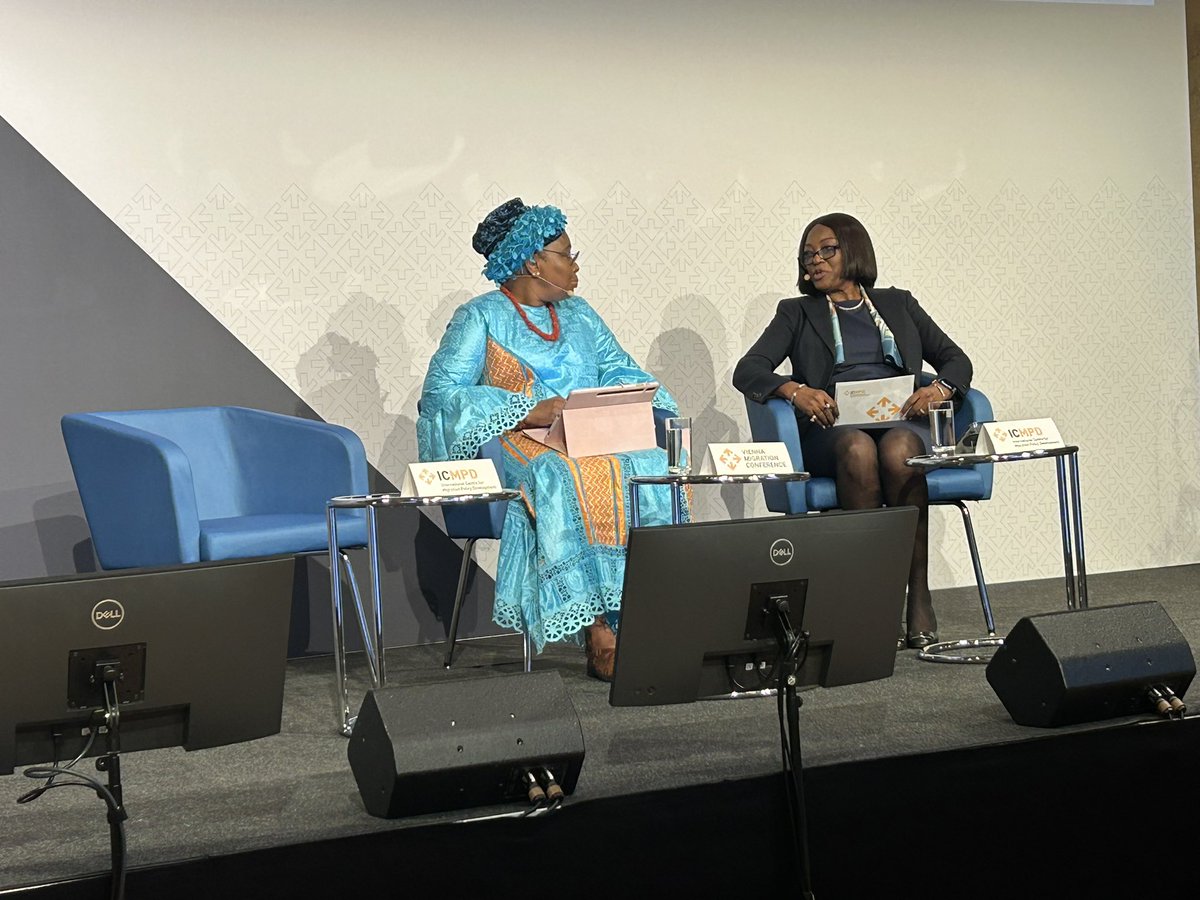 AU_HHS's tweet image. H.E @AmbSamate currently taking her turn at #viennamigconf in a one-on-one conversation. She cited t/establishment of one-stop-border posts #OSBPs as a concrete realization of t/principles of Cooperative Border Management as an example taken to address safe&amp;amp;orderly migration.