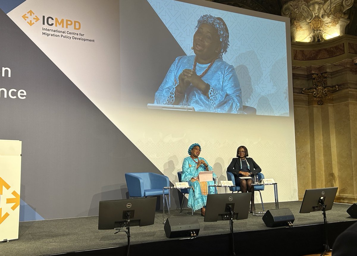 AU_HHS's tweet image. H.E @AmbSamate currently taking her turn at #viennamigconf in a one-on-one conversation. She cited t/establishment of one-stop-border posts #OSBPs as a concrete realization of t/principles of Cooperative Border Management as an example taken to address safe&amp;amp;orderly migration.