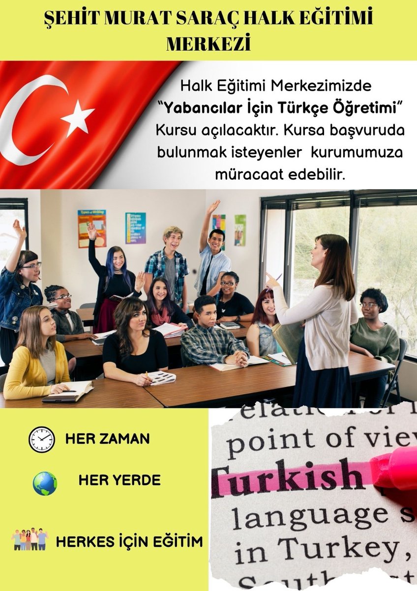 Şabanözü Şehit Murat Saraç Halk Eğitimi Merkezi (@sabanozuhem) on Twitter photo YABANCILAR İÇİN TÜRKÇE ÖĞRETİMİ KURSU AÇILIYOR…🇹🇷İlgilenen vatandaşlarımız kurumumuza başvuruda bulunabilir.
<a href="/mebhbogm/">MEB Hayat Boyu Öğrenme Genel Müdürlüğü</a>
<a href="/Muammer12877572/">Muammer ÖZTÜRK</a>
<a href="/muallimismail/">İsmail YILDIZ</a>
⏰ HER ZAMAN
🌎 HER YERDE
🙋🏼♀️HERKES İÇİN EĞİTİM YABANCILAR İÇİN TÜRKÇE ÖĞRETİMİ KURSU AÇILIYOR…🇹🇷İlgilenen vatandaşlarımız kurumumuza başvuruda bulunabilir.
<a href="/mebhbogm/">MEB Hayat Boyu Öğrenme Genel Müdürlüğü</a>
<a href="/Muammer12877572/">Muammer ÖZTÜRK</a>
<a href="/muallimismail/">İsmail YILDIZ</a>
⏰ HER ZAMAN
🌎 HER YERDE
🙋🏼♀️HERKES İÇİN EĞİTİM