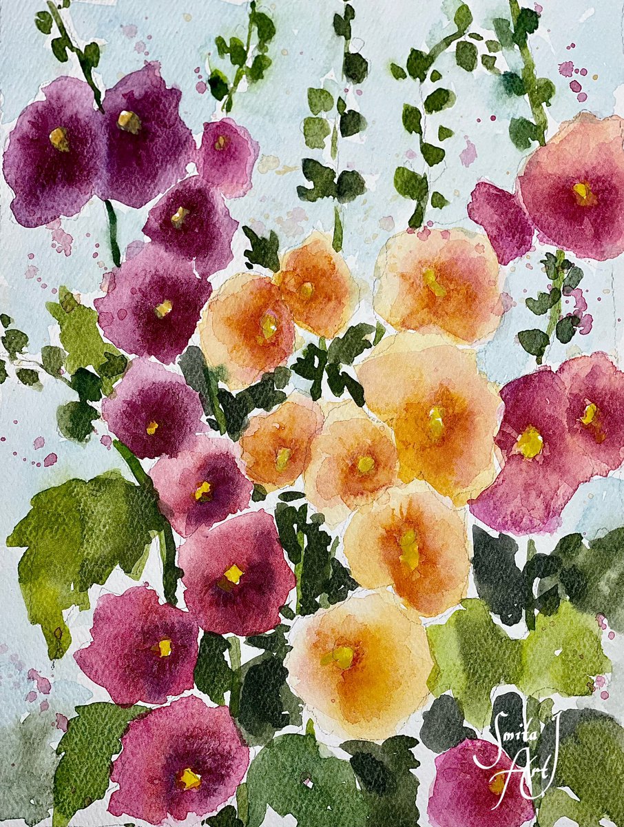 Hollyhocks reach high,
Their grandeur paints the open sky,
Colors charm the eye 🌺

#watercolorflorals #watercolor #floralart #floral #Autumn #October