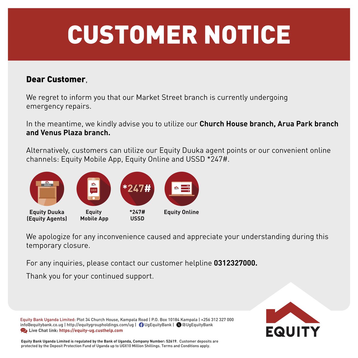 UgEquityBank's tweet photo. Public notice: Our Market Street branch is temporarily closed due to emergency repairs.

We apologize for any inconvenience caused. https://t.co/pnEkLsEwZt