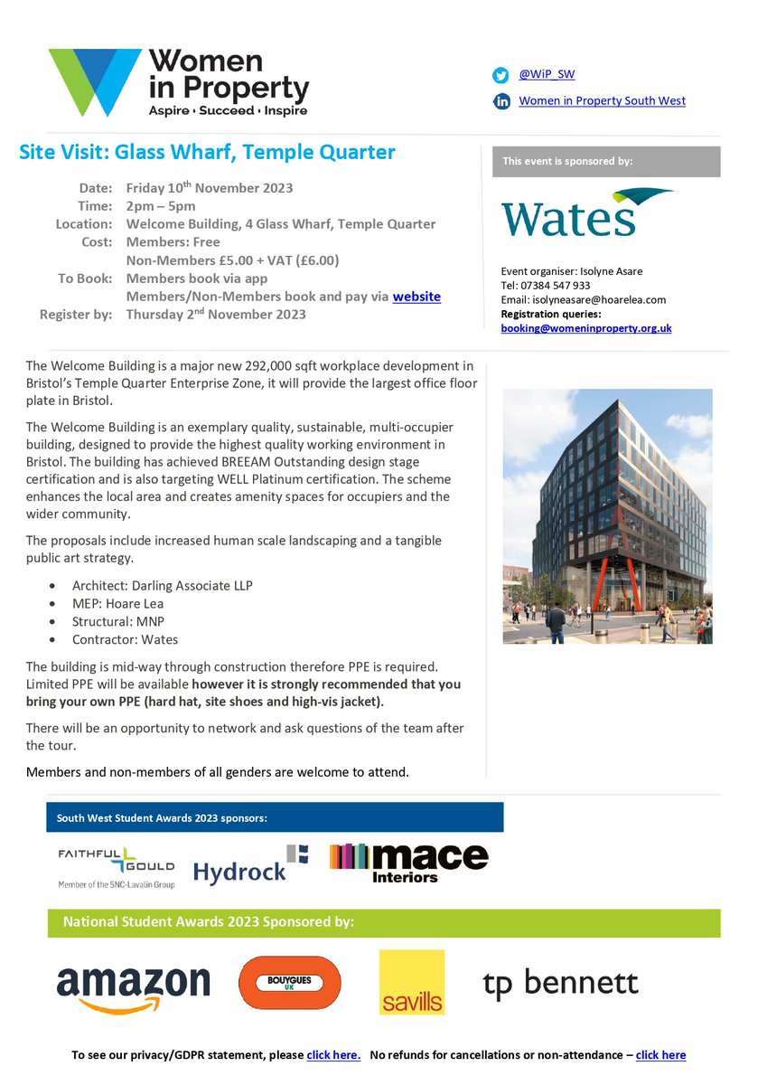 Book now for a site visit to Glass Wharf, Temple Quarter to explore a 292,000 sqft workplace development with @DAArchitectsUK @hoarelea @MNP @WatesGroup! PPE will be provided but limited, the site visit also offers an opportunity to network. Look forward to seeing you there!