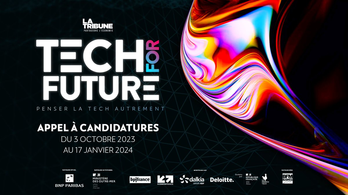Le plus grand #concours de startups de France @TechForFutureLT lance son #appelàcandidature du 3 octobre au 17 janvier 2024 🏆

Organisé par @LaTribune , ce concours a pour but de récompenser les meilleures #startups  partout en France 🚀

Pour candidater techforfuture.fr