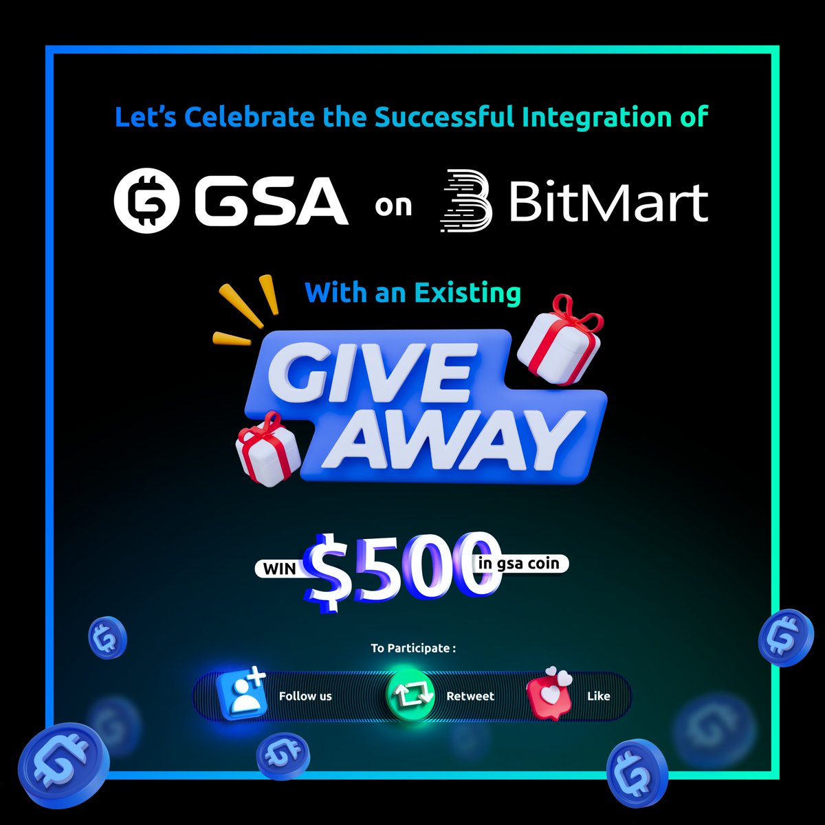 $GSA Successful integration on <a href="/BitMartExchange/">BitMart</a>

🎆$500 USD in $GSA coin.

1⃣ Follow <a href="/gsacoin/">GSA Coin</a> 
2⃣ Like , Retweet
3⃣ Comment #gsarmy #gsacoin