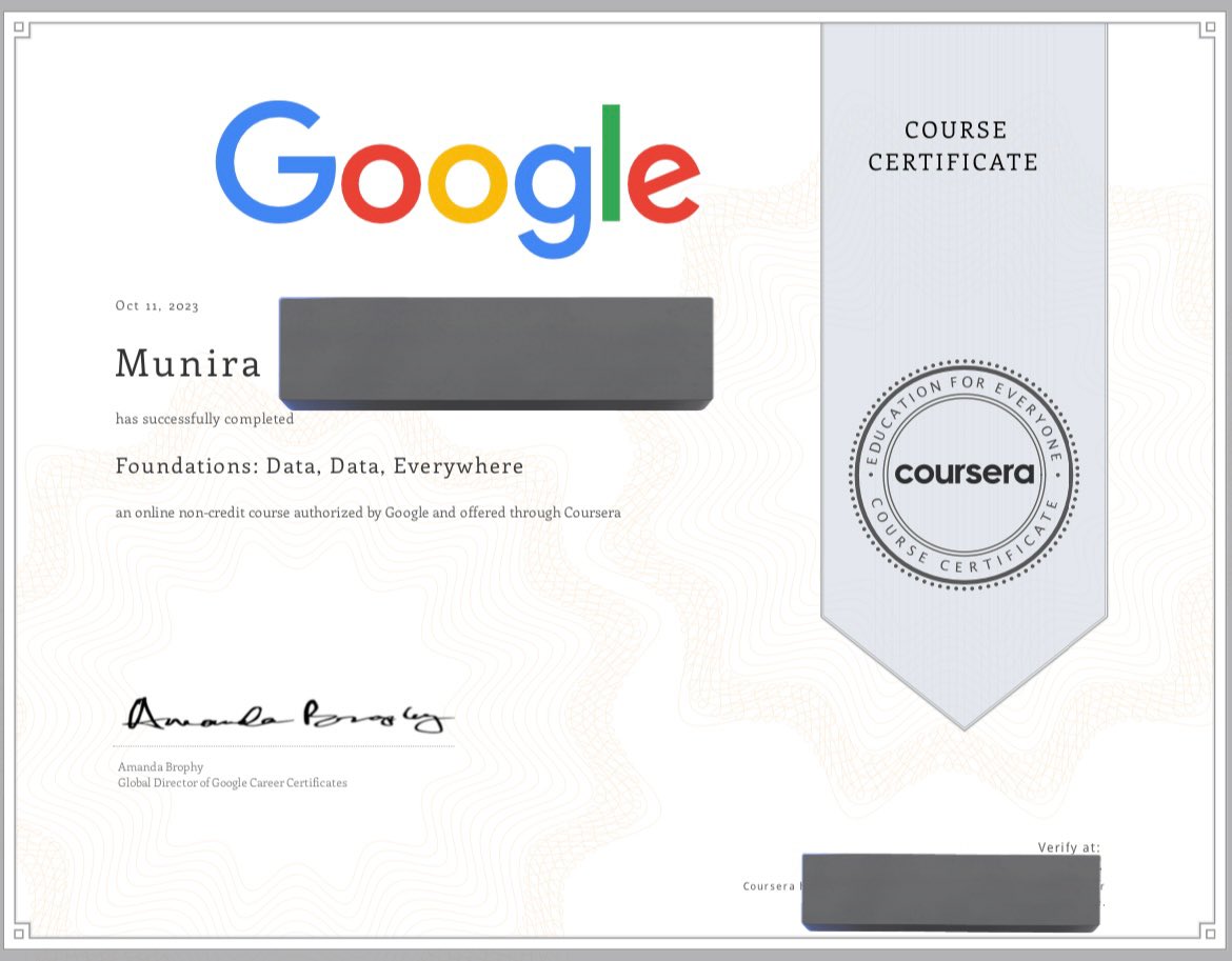 muudex7's tweet image. I did it! Completed the Google "Data, Data, Everywhere" course @coursera , Learned to analyze data using Google Sheets, SQL, and Analytics, and gained a solid understanding of statistical concepts like regression analysis.
This is just a start!✨
#data_analytics