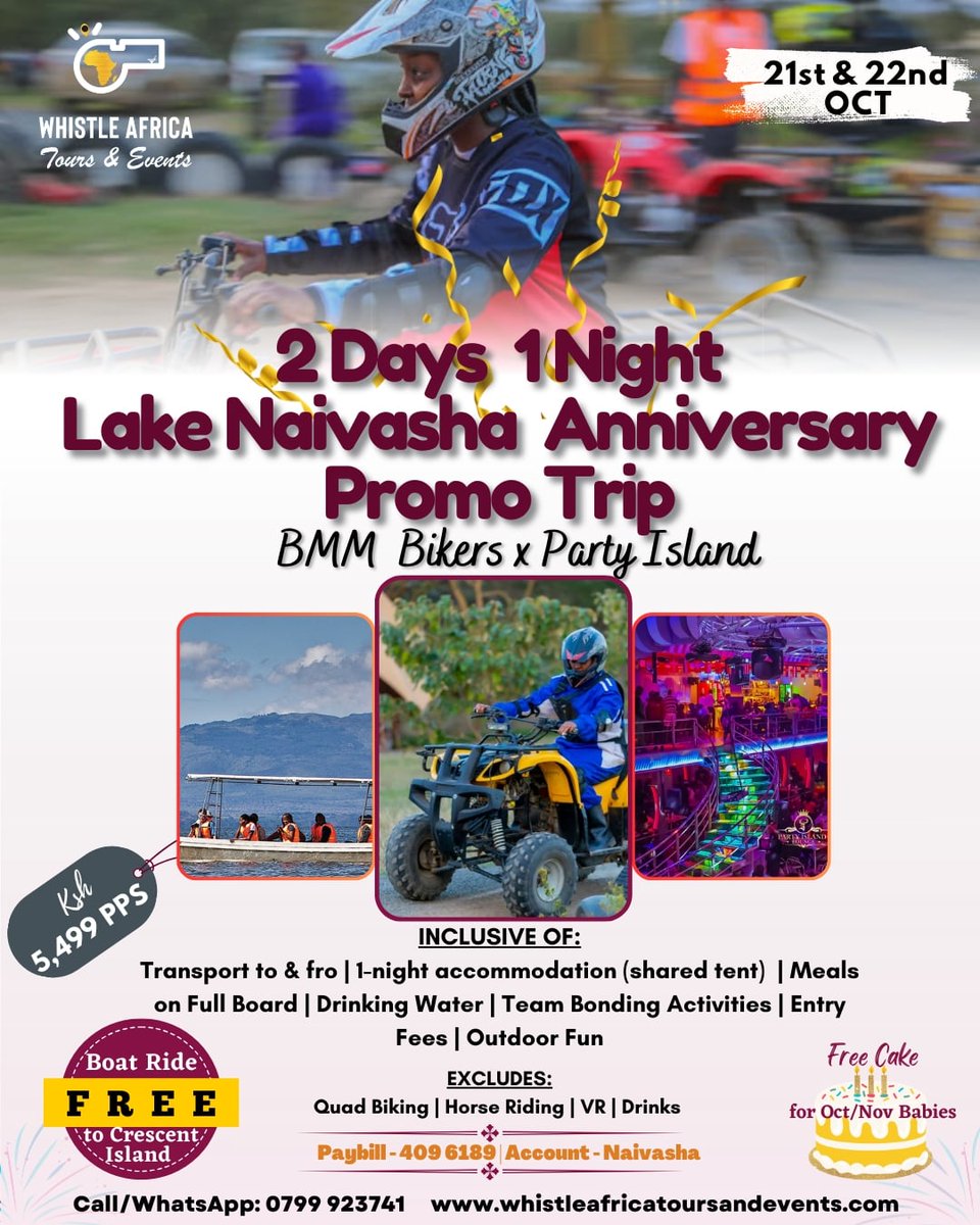 #WhistleAfrica Anniversary PROMO Trip is here🎉🎉 Join us on 21st & 22nd October 2023 as we celebrate our first anniversary in Naivasha. Experiences including; BBM Bikers 🤼‍♀️🏎️, Lake Naivasha 🌊, Camping🏕️ and Sampling the Naivasha Nightlife at the renowned Party Island🍹🎶