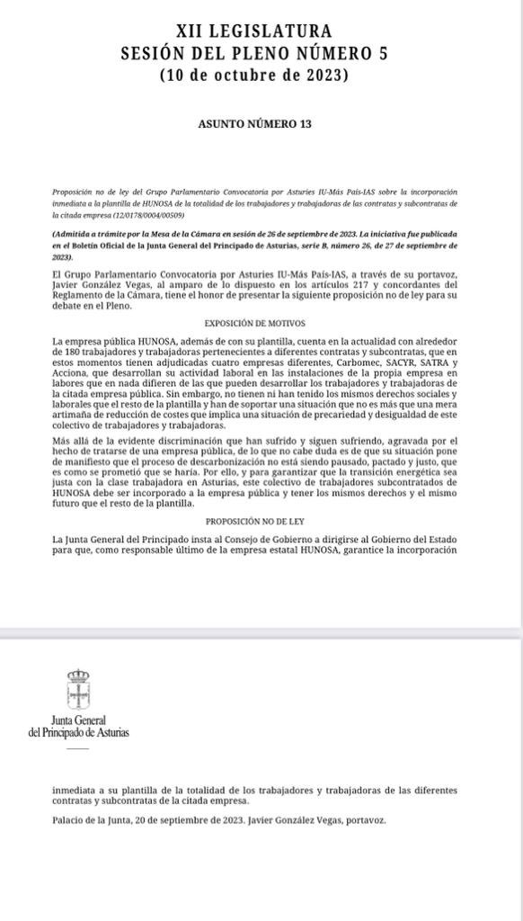 IUgrupoJGPA's tweet image. Hoy defendemos una Proposición no de Ley para que #HUNOSA, garantice la incorporación inmediata a su plantilla de la totalidad de los trabajadores y trabajadoras de sus diferentes contratas y subcontratas