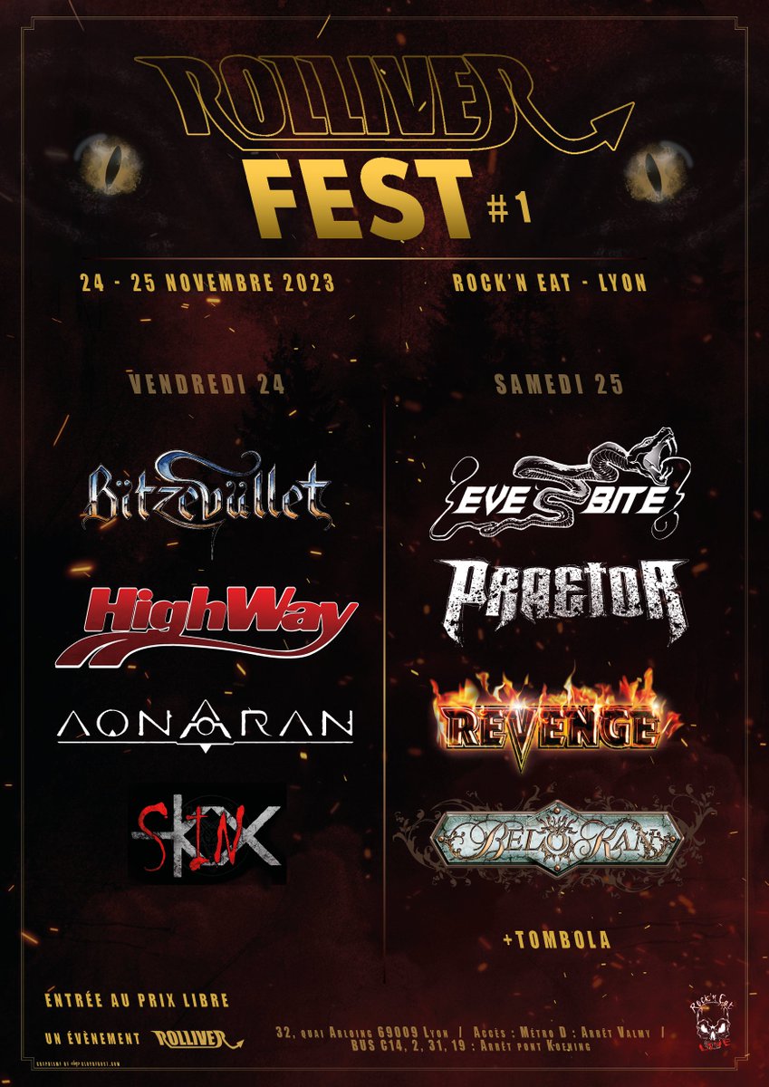 ROLLIVER5's tweet image. Running Order du Rolliver Fest

Vendredi 24 Novembre
20H : BïtzeBüllet
21H : Highway
22H : Aonaran
23H : Skinx

Samedi 25 Novembre
20H : Eve's Bite
21H : Praetor
22H : Revenge
23H : Bel O Kan

#festival #metal #Lyon #novembre #heavymetal #hardrock #thrashmetal #deathmetal