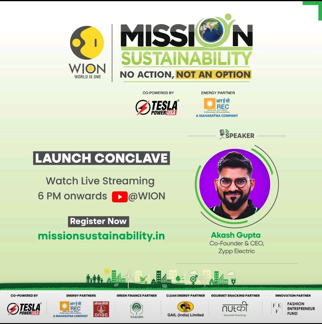Catch @akashthematrix, Co-founder & and CEO, of Zypp Electric on Fireside Chat, sharing his perspective on #sustainableMobility during #MissionSustainability by @WIONews
Visit missionsustainability.in to register.
#WIONMissionSustainability #NoActionNotAnOption #sustainability