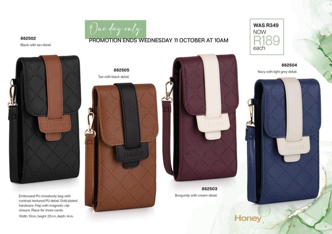Get it for N$208 each. This is a short and sweet promotion. 1 Day Only. Promotion ends 11 October at 10h00. #lifeisgood
#liftaswerise #honeyfashionaccessories #cellphonebags