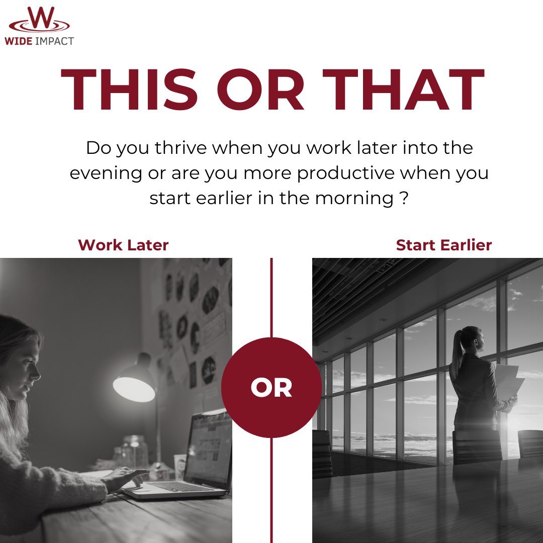 WideImpact's tweet image. Which work style do you find more productive? Find out which work style brings out your highest productivity. No matter what works best for you, make sure you #PowerThrough and reach your goals! #WideImpact #Productivity #WorkStyle #ProductivityTips #FlexibleHours
