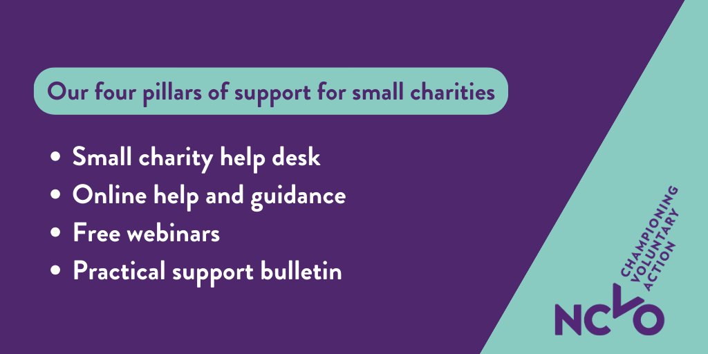 We know that small charities deliver a lot of work, with little time on a limited budget. Check out our four pillars of support for small orgs. 

👉Small charity help desk
👉Online help and guidance
👉Free webinars
👉Practical support bulletin

ow.ly/bGn950PTvw8
