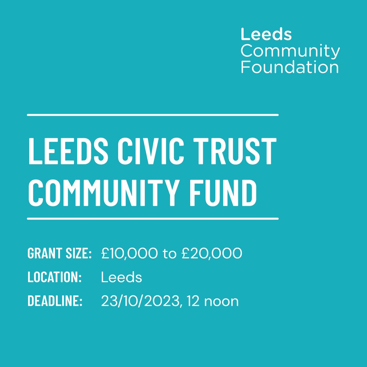 📣 Apply for a grant from <a href="/LeedsCivicTrust/">Leeds Civic Trust</a> Community Fund!
 🎉Theme: Celebration of Place 
💵 Grant size: £10,000 to £20,000
📍 Location: Leeds
📆 Closing: 23/10/2023 at 12 noon
💻 Apply: bit.ly/3R4stpA