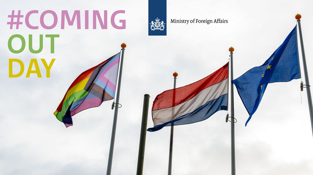 On #ComingOutDay, the Progress flag proudly waves in front of @DutchMFA and @MinIenW. Everyone should be able to openly be themselves - at our ministry, in the Netherlands, and worldwide. @CvanRijnsoever raised the flag and emphasised our support for the LGBTIQ+ community.