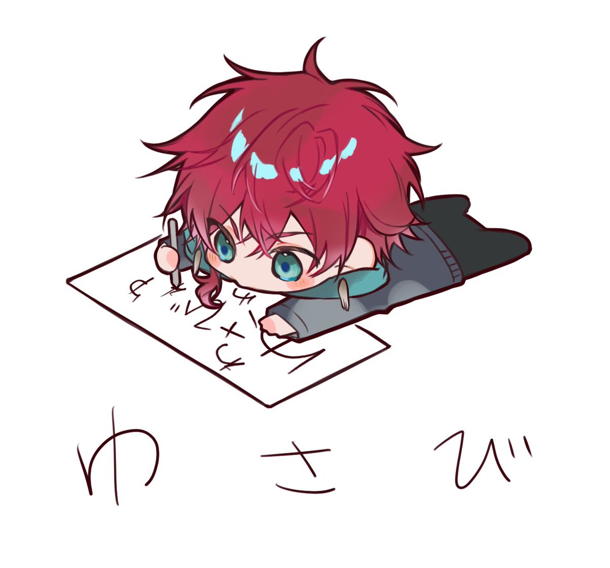 1boy male focus chibi red hair solo jacket on stomach  illustration images